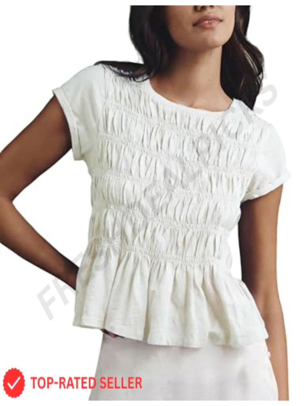 Womens Peplum Babydoll Top Smocked Ruffle Hem Cap Sleeve Blouse